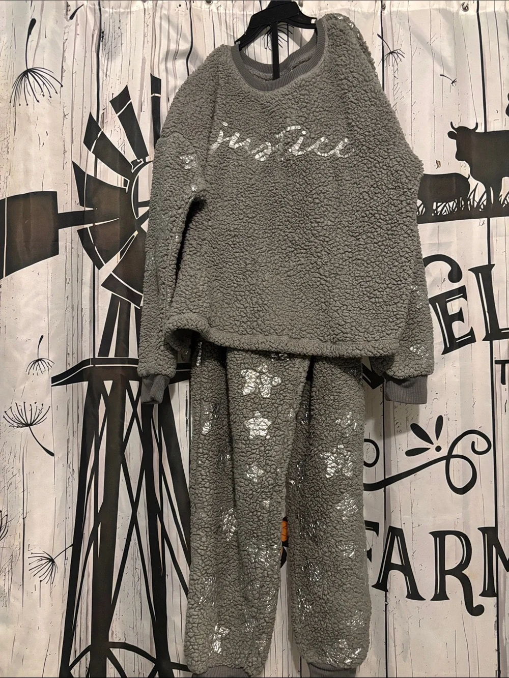 Justice Gray Sherpa Pajama Set with Sparkle Stars